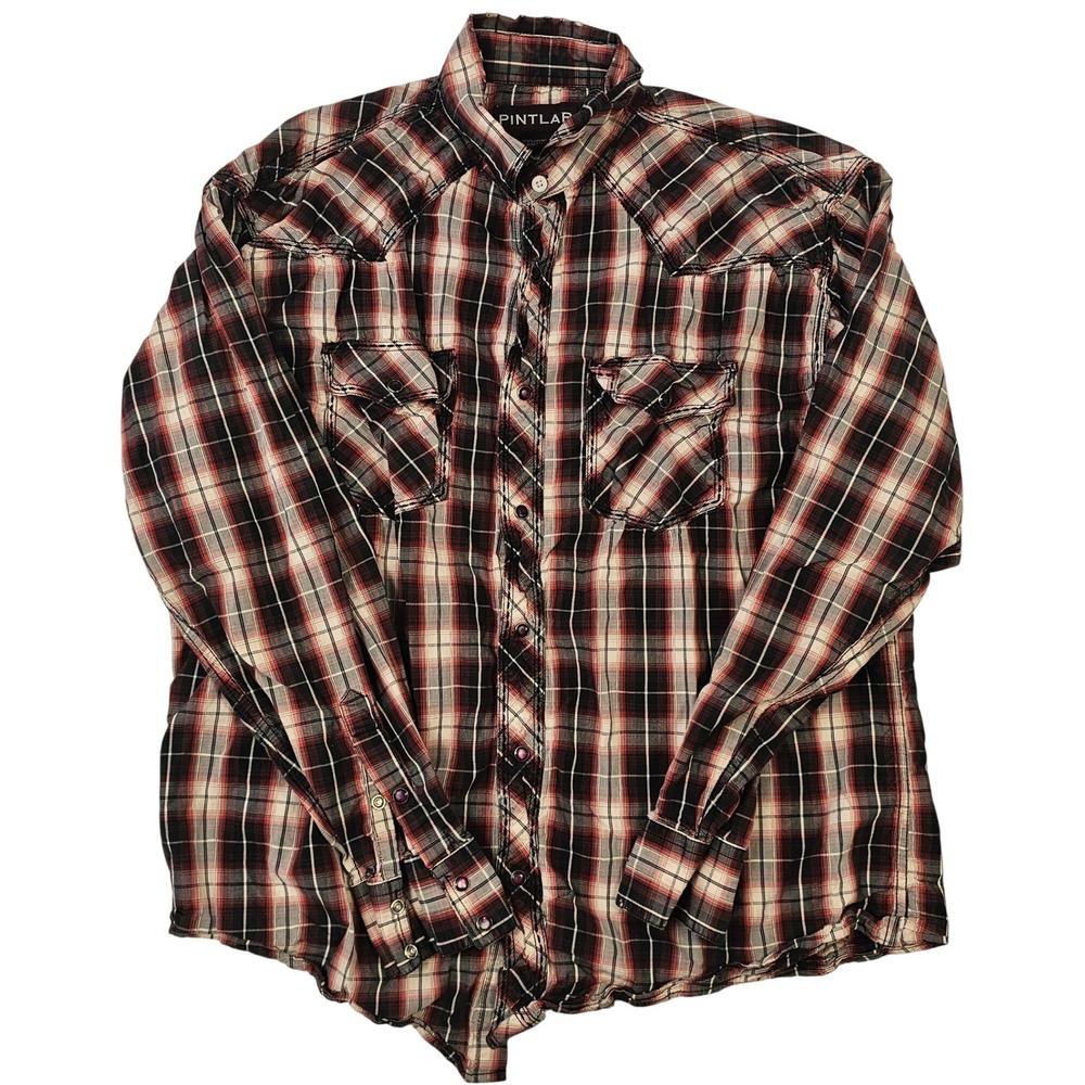 Pintlar Mens Red Black Plaid Western Snap Button Down Shirt‎ Large Cotton L/S